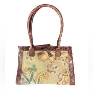 Vintage Liz Claiborne Floral Canvas & Croc Leather Handbag Brown